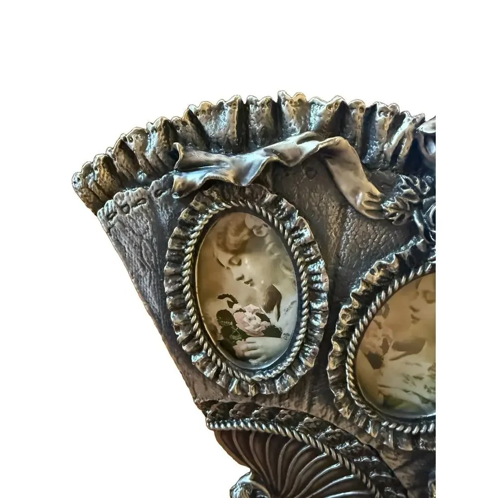Vintage Ornate Pewter Fan Picture Frame Victorian Rose 3 Photo Stand Heavy